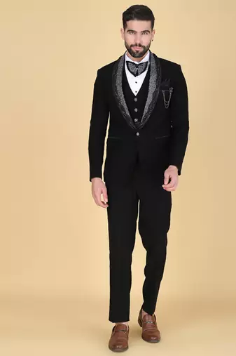 Black 5 pc embroidered designer tuxedo suit for men