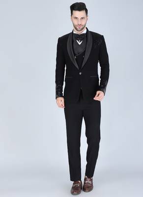 Black 5 pc embroidered designer tuxedo suit for men 1