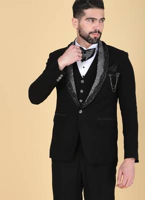 Black 5 pc embroidered designer tuxedo suit for men 2
