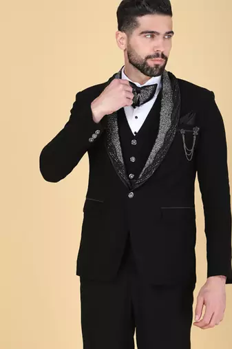 Black 5 pc embroidered designer tuxedo suit for men