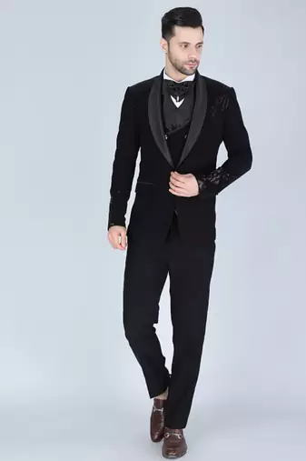 Black 5 pc embroidered designer tuxedo suit for men