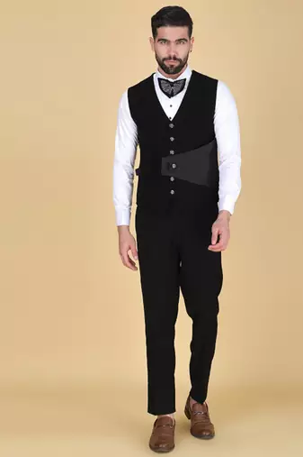 Black 5 pc embroidered designer tuxedo suit for men
