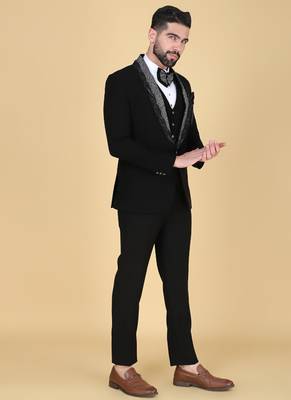 Black 5 pc embroidered designer tuxedo suit for men 4