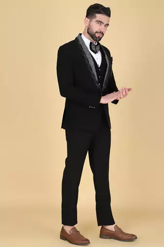 Black 5 pc embroidered designer tuxedo suit for men