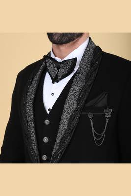 Black 5 pc embroidered designer tuxedo suit for men 5