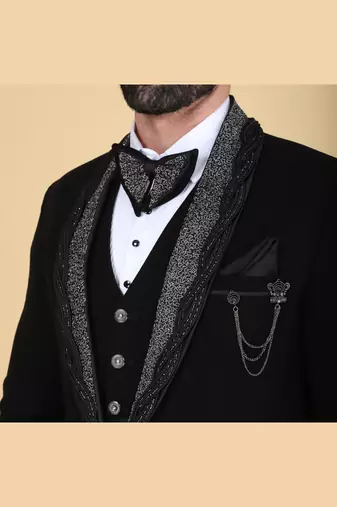 Black 5 pc embroidered designer tuxedo suit for men