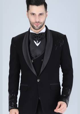 Black 5 pc embroidered designer tuxedo suit for men 4