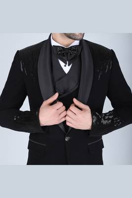 Black 5 pc embroidered designer tuxedo suit for men 5