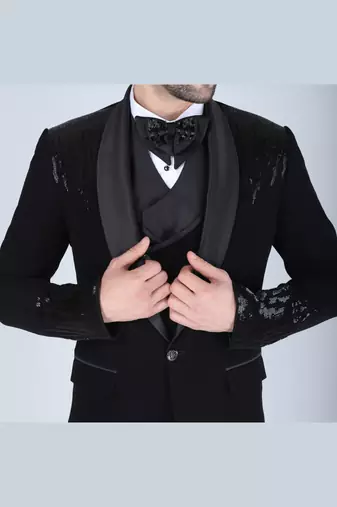 Black 5 pc embroidered designer tuxedo suit for men