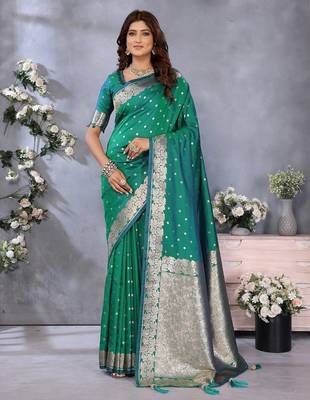 Sea green weaving work Blended silk blend saree with blouse 1