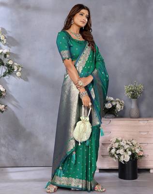 Sea green weaving work Blended silk blend saree with blouse 3