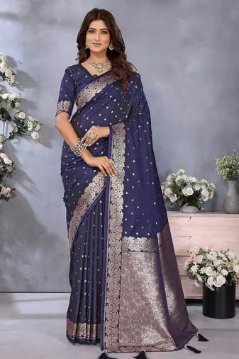 Navy blue weaving work Blended silk saree with blouse