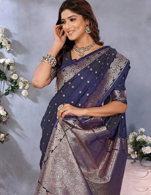 Navy blue weaving work Blended silk blend saree with blouse 4
