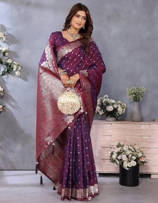 Wine weaving work Blended silk blend saree with blouse 2