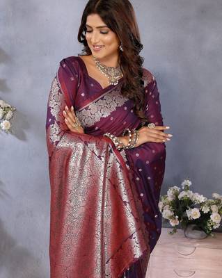 Wine weaving work Blended silk blend saree with blouse 3