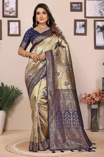Blue color zari weaving handloom Blended tissue silk saree with blouse
