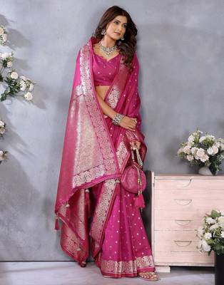 Rani pink weaving work Blended silk blend saree with blouse 3