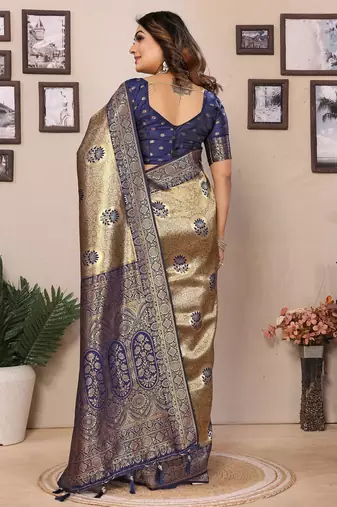 Blue zari weaving handloom Blended tissue silk blend saree with blouse