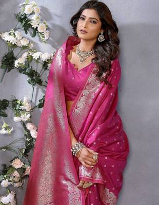 Rani pink weaving work Blended silk blend saree with blouse 4