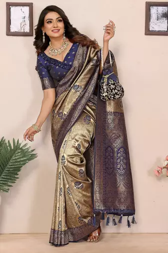 Blue zari weaving handloom Blended tissue silk blend saree with blouse