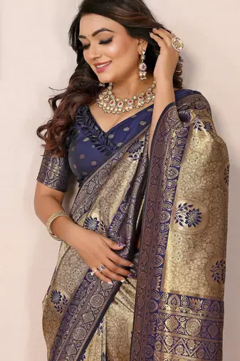 Blue zari weaving handloom Blended tissue silk blend saree with blouse