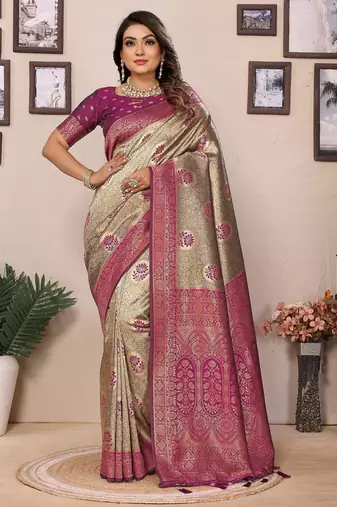 Purple color zari weaving handloom Blended tissue silk saree with blouse