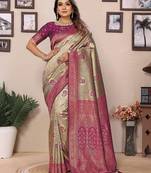 Purple color zari weaving handloom Blended tissue silk saree with blouse