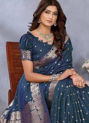 Blue weaving work Blended silk blend saree with blouse 3