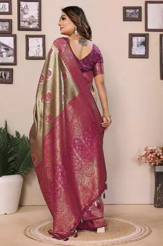 Purple color zari weaving handloom Blended tissue silk blend saree with blouse