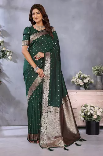 Dark green weaving work Blended silk saree with blouse