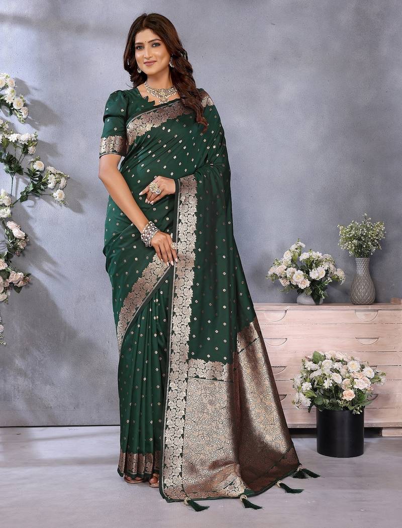 Dark green weaving work Blended silk saree with blouse