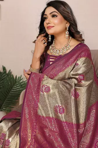 Purple color zari weaving handloom Blended tissue silk blend saree with blouse