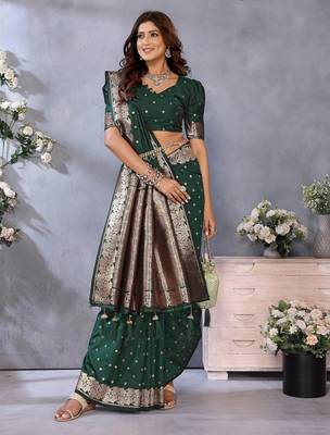 Dark green weaving work Blended silk blend saree with blouse 3