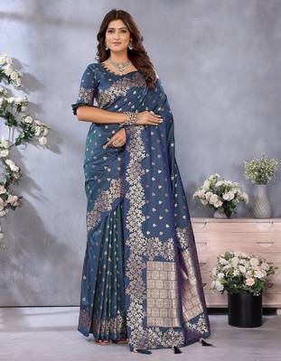 Blue color gala weaving Blended silk blend saree with blouse 1