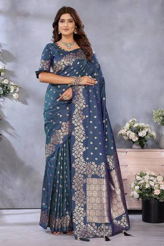 Blue color gala weaving Blended silk saree with blouse