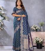 Blue color gala weaving Blended silk saree with blouse