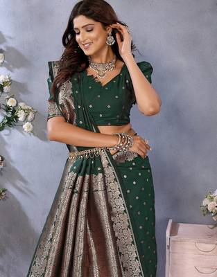 Dark green weaving work Blended silk blend saree with blouse 4