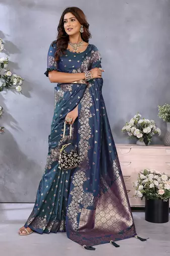 Blue color gala weaving Blended silk blend saree with blouse