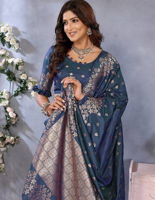Blue color gala weaving Blended silk blend saree with blouse 4