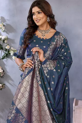 Blue color gala weaving Blended silk blend saree with blouse