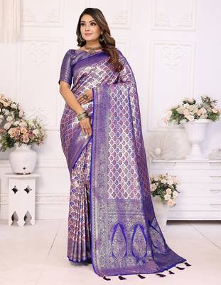 Blue color banarasi blended silk blend chaturi weaving work saree with blouse 1