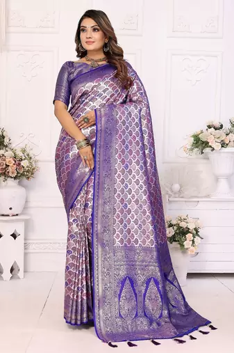 Blue color banarasi blended silk chaturi weaving work saree with blouse