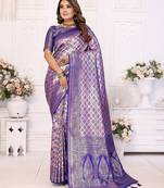 Blue color banarasi blended silk chaturi weaving work saree with blouse