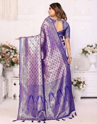 Blue color banarasi blended silk blend chaturi weaving work saree with blouse 2