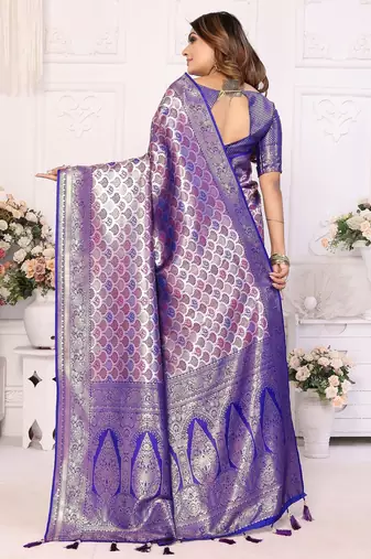 Blue color banarasi blended silk blend chaturi weaving work saree with blouse