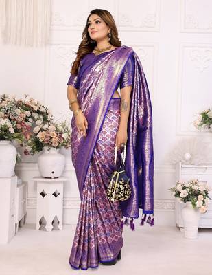 Blue color banarasi blended silk blend chaturi weaving work saree with blouse 3