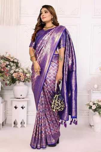Blue color banarasi blended silk blend chaturi weaving work saree with blouse