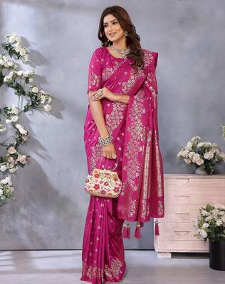 Pink color gala weaving Blended silk blend saree with blouse 3