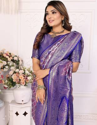 Blue color banarasi blended silk blend chaturi weaving work saree with blouse 4