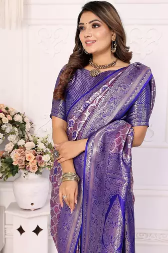 Blue color banarasi blended silk blend chaturi weaving work saree with blouse